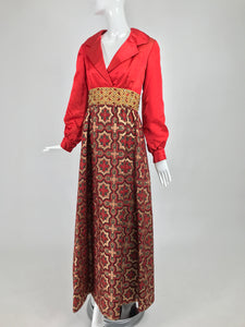 Vintage Ceil Chapman Red Satin and Metallic Brocade Maxi Dress 1960s