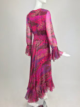 1970s Raspberry floral silk Print organza gold heart buckle dress Vintage