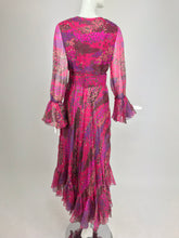 1970s Raspberry floral silk Print organza gold heart buckle dress Vintage