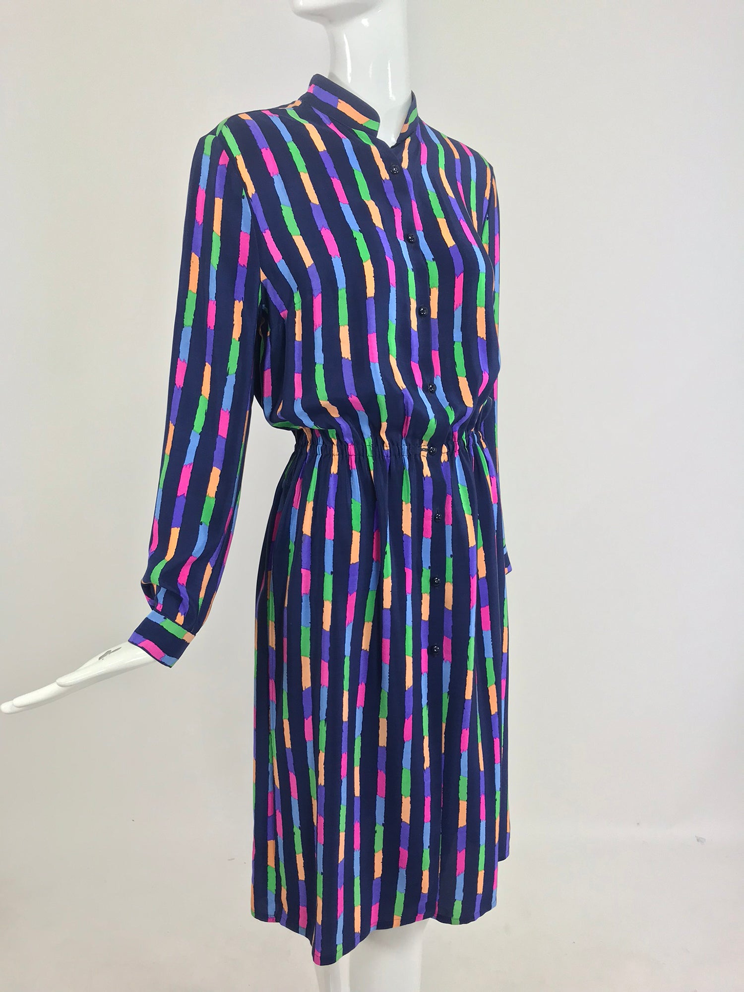 Louis Feraud Silk Colour Block Side Slit Shirtwaist Dress 1980s