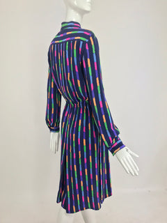 Louis Feraud Silk Colour Block Side Slit Shirtwaist Dress 1980s