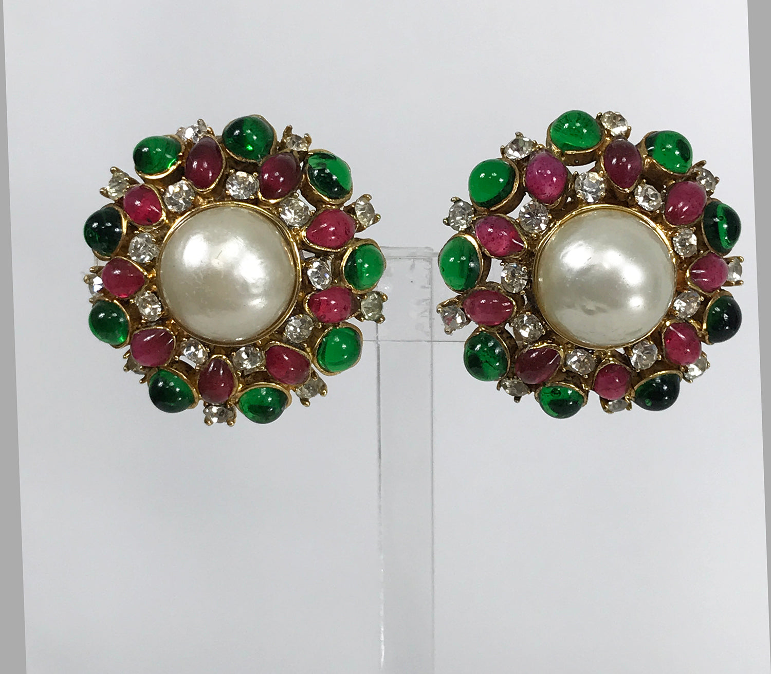 Chanel Large Faux Pearl and Red and Green Gripoix Earrings, 1970s at  1stDibs