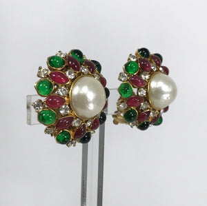 SOLD Chanel Gripoix Pearl & Rhinestone Pink & Green Earrings 1980s