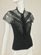 SOLD Vintage Oscar de la Renta Black Chantilly Lace and Cashmere Knit Blouse 1990s
