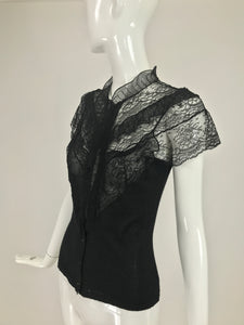 SOLD Vintage Oscar de la Renta Black Chantilly Lace and Cashmere Knit Blouse 1990s