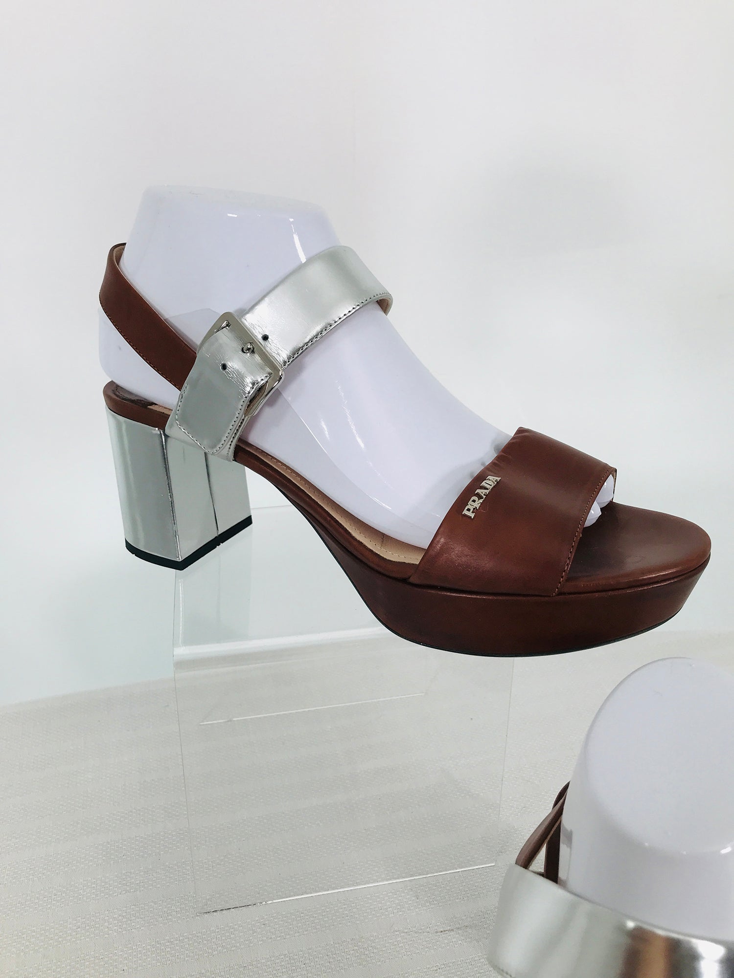 Prada Ankle Strap Open Toe Platform Sandals Silver Lamé 39 – Palm