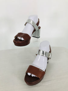 Prada Ankle Strap Open Toe Platform Sandals Silver Lamé 39