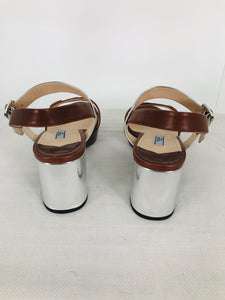 Prada Ankle Strap Open Toe Platform Sandals Silver Lamé 39