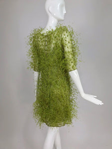 SOLD Chado Ralph Rucci Spring Green Feather and Sequin Dress Recent