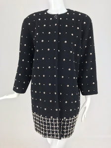 Nancy Heller Black Cashmere and Wool Silver Studded Coat 1980s