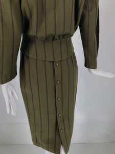 Thierry Mugler 1980s Nip Waist Green & Brown Stripe Skirt Suit Snap Back Skirt