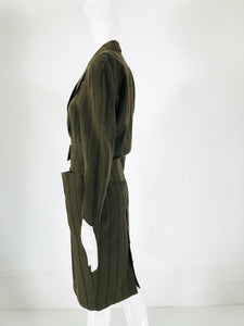 Thierry Mugler 1980s Nip Waist Green & Brown Stripe Skirt Suit Snap Back Skirt