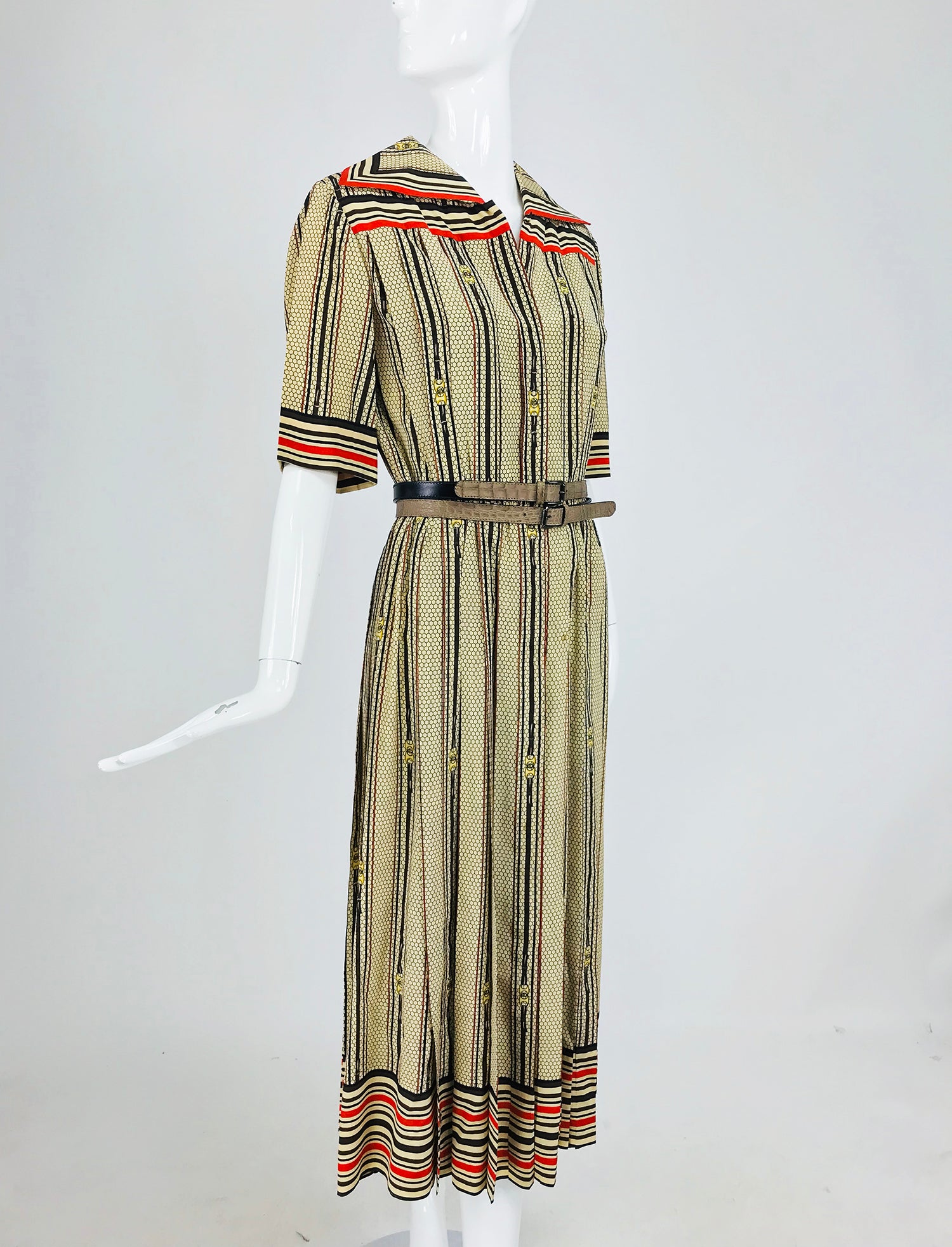 SOLD G Gucci Silk Shirtwaist Dress Rare Logo Print 1970s Palm Beach Vintage SOLD G Gucci Silk Shirtwaist Dress Rare Logo Print 1970s Palm Beach Vintage