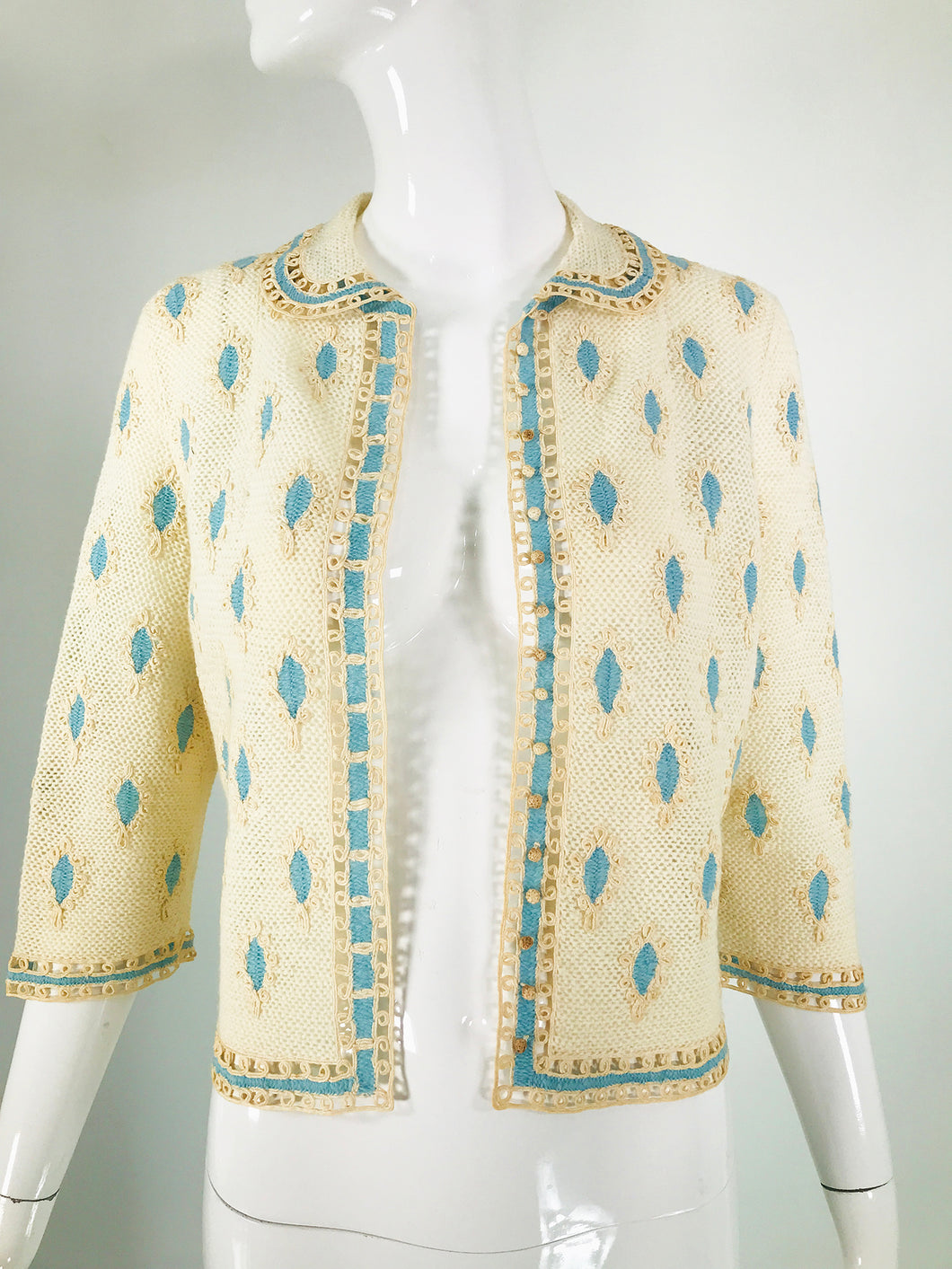 Cream Crochet & Cord Work Applique Cardigan Sweater 1960s Handmade