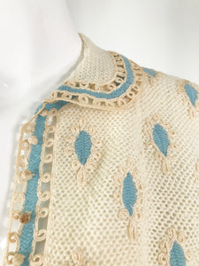 Cream Crochet & Cord Work Applique Cardigan Sweater 1960s Handmade