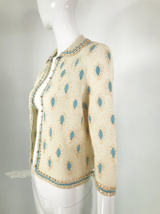 Cream Crochet & Cord Work Applique Cardigan Sweater 1960s Handmade
