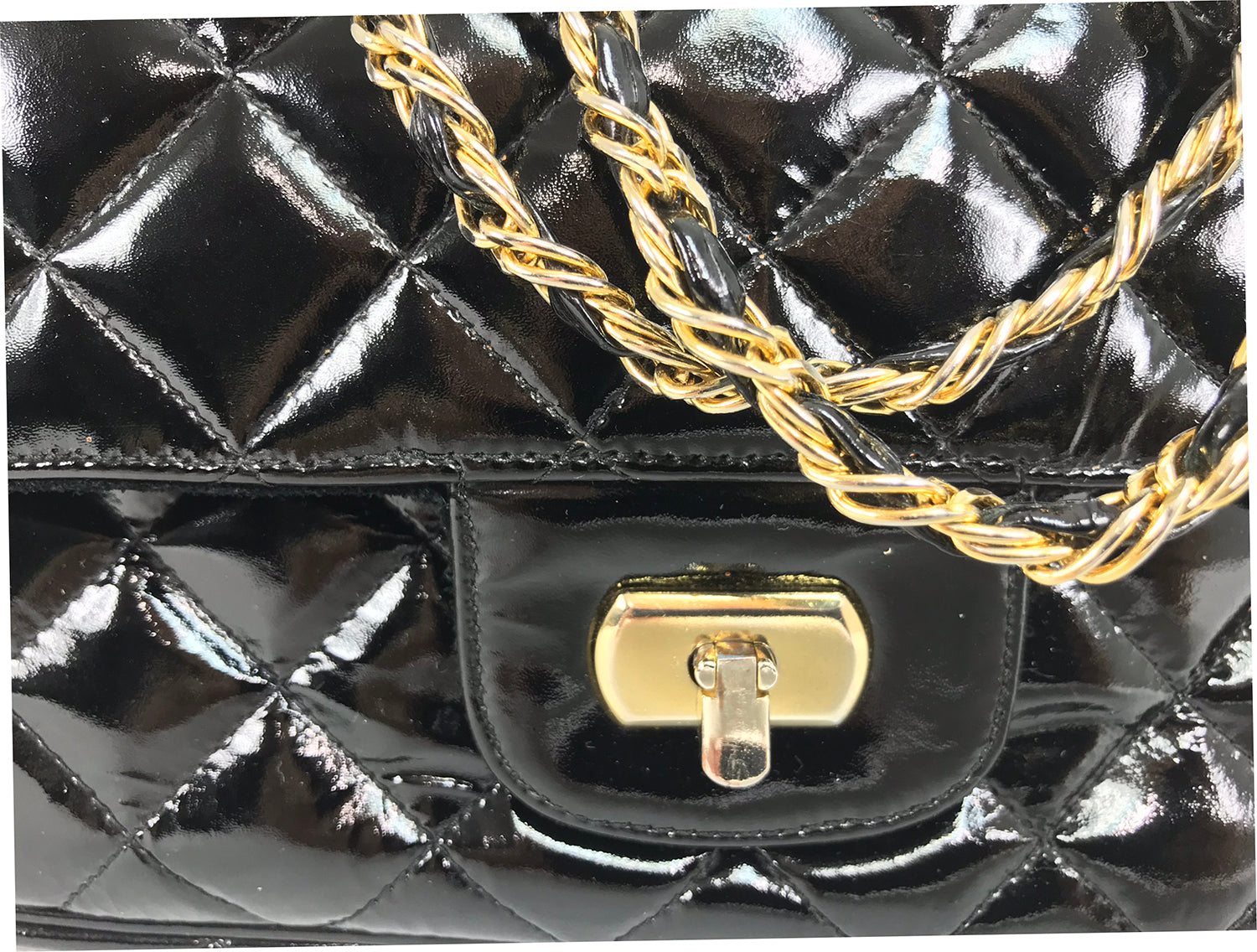 Black Quilted Patent Leather Large Box with Chain Gold Hardware