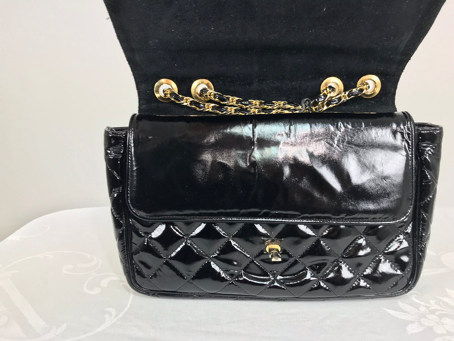 Vintage Jay Herbert Quilted Flap Black Patent Leather Chain Handbag 19 –  Palm Beach Vintage