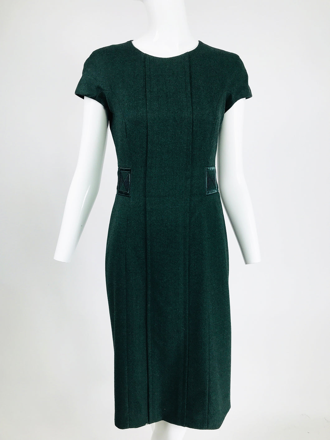 Etro Embroidered Forest Green Cashmere Cap Sleeve Sheath Dress