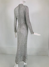 1970s Glittery Silver Metallic Open Work Crochet Maxi Dress & Fringe Shawl