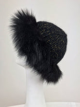 SOLD Lillie Rubin black fox fur and metallic knit hat 1970s
