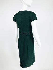 Etro Embroidered Forest Green Cashmere Cap Sleeve Sheath Dress