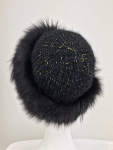 SOLD Lillie Rubin black fox fur and metallic knit hat 1970s