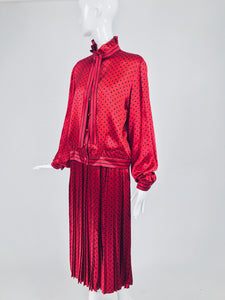 Vintage Nina Ricci Red Silk Satin Printed Blouse and Skirt set 1980s