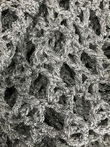 1970s Glittery Silver Metallic Open Work Crochet Maxi Dress & Fringe Shawl