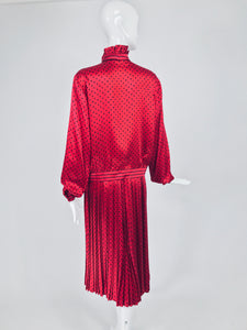 Vintage Nina Ricci Red Silk Satin Printed Blouse and Skirt set 1980s