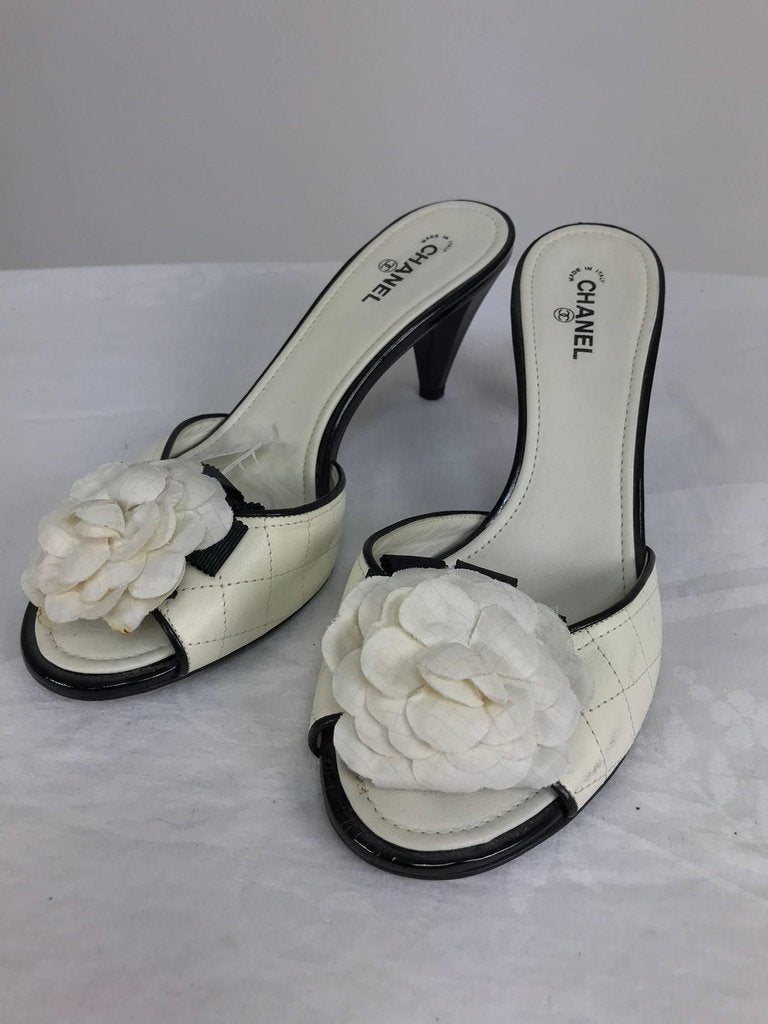 SOLD Chanel Quilted Mules Patent Heels and Camellia Flowers 38 1/2 – Palm  Beach Vintage