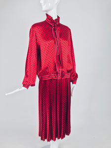 Vintage Nina Ricci Red Silk Satin Printed Blouse and Skirt set 1980s