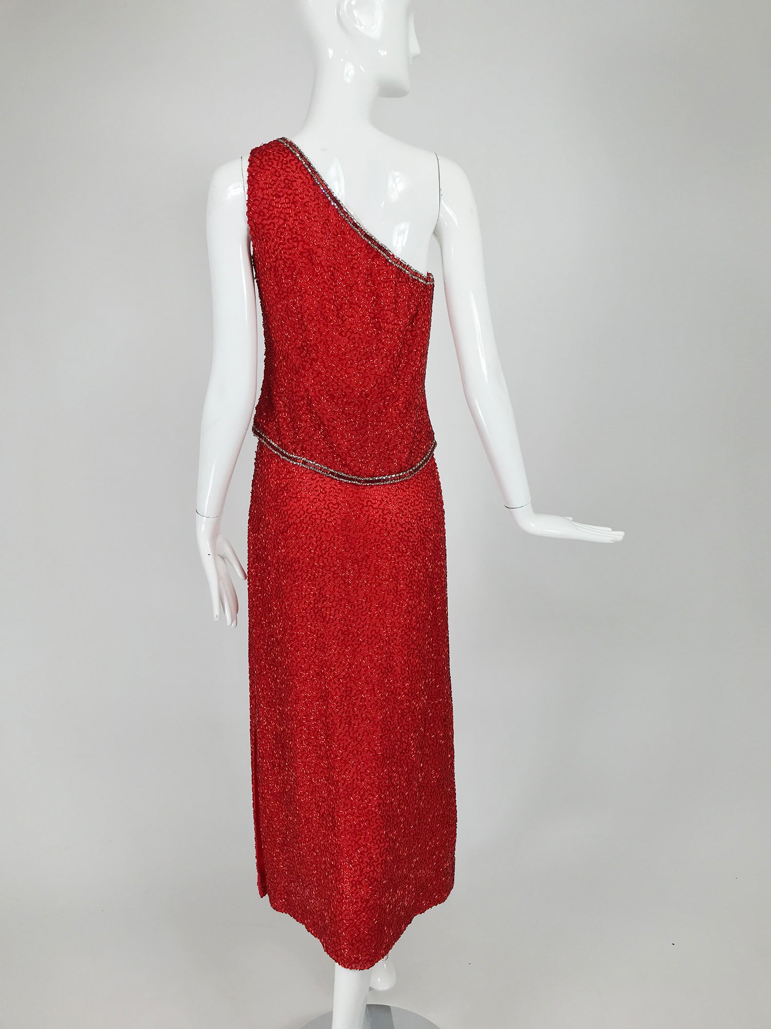 fitted lace wedding dress Victoria Royal Fire Engine Red Beaded Two Piece One Shoulder Gown 1960 –  Palm Beach Vintage