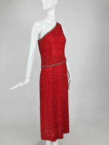 Victoria Royal Fire Engine Red Beaded Two Piece One Shoulder Gown 1960s
