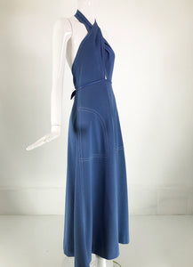 Bonnie Cashin Blue Knit & Leather Halter Neck Pocket Dress 1970s