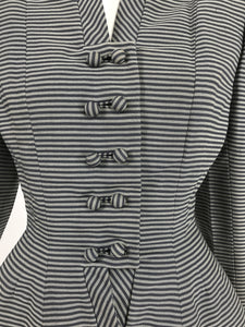 Lilli Ann 1940s Nip Waist Peplum Hem Black & White Stripe Wool Skirt Suit