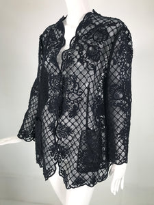 Escada Heavily Embroidered Black Silk Organza Unlined Jacket with Pockets