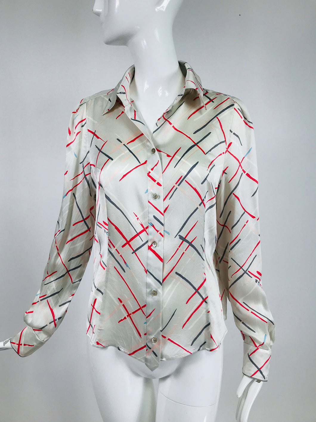 Louis Feraud Silvery White Abstract Print Silk Blouse