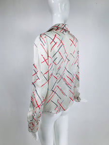 Louis Feraud Silvery White Abstract Print Silk Blouse