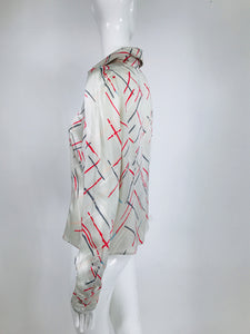 Louis Feraud Silvery White Abstract Print Silk Blouse