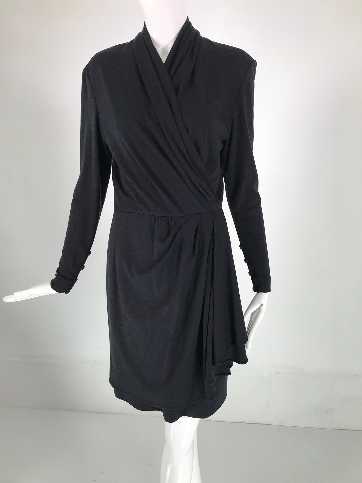 Celine Black Wool Jersey Surplice Bodice Dress With Draped Skirt 1990s Palm Beach Vintage Celine Black Wool Jersey Surplice Bodice Dress With Draped Skirt 1990s Palm Beach Vintage
