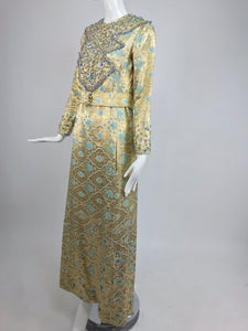 Tina Leser Original Beaded Gold Metallic Bocade Maxi Dress 1960s