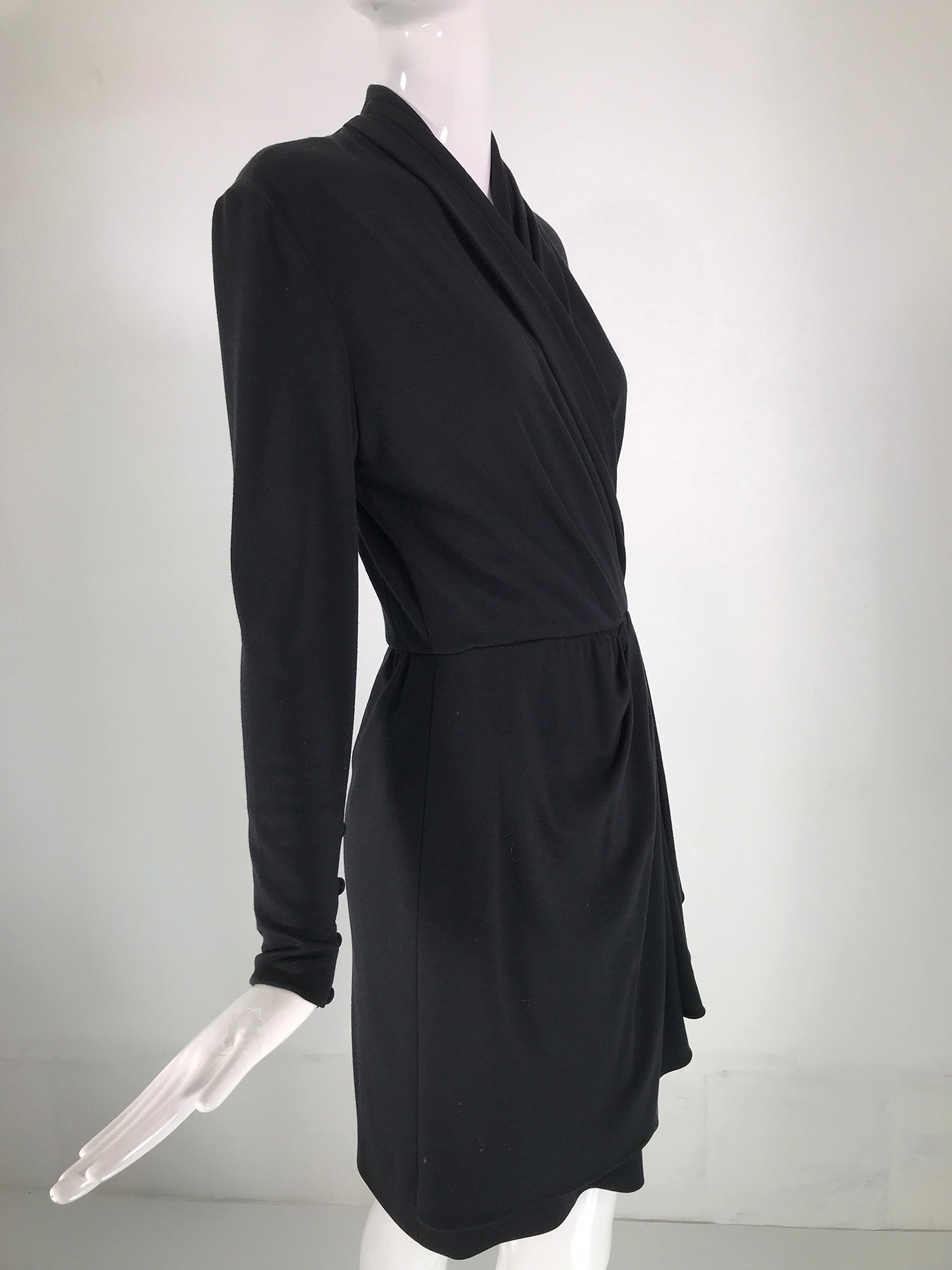 Celine Black Wool Jersey Surplice Bodice Dress With Draped Skirt 1990s Palm Beach Vintage Celine Black Wool Jersey Surplice Bodice Dress With Draped Skirt 1990s Palm Beach Vintage