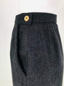 Chanel Charcoal Wool Kick Pleat Front Pocket Pencil Skirt Vintage