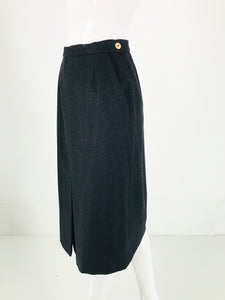 Chanel Charcoal Wool Kick Pleat Front Pocket Pencil Skirt Vintage