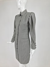 Ungaro Hounds Tooth Check Peaked Shoulder Fitted Button Up Dress 1980s