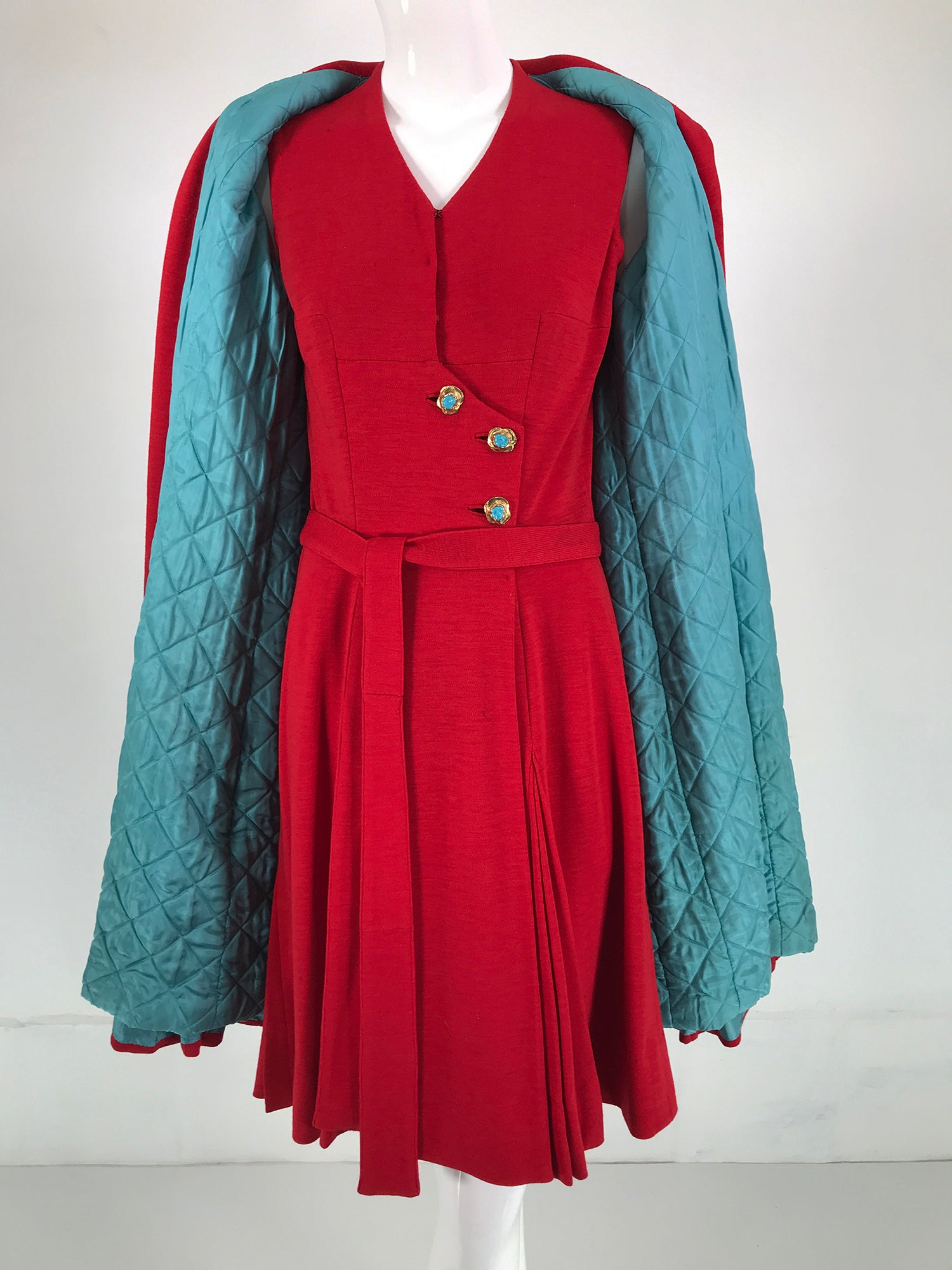 Coco Chanel Red Haute Couture 1950s 2 pc Wool Jersey Jewel Button