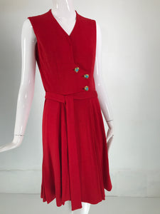 Coco Chanel Red Haute Couture 1950s 2 pc Wool Jersey Jewel Button Dress & Coat