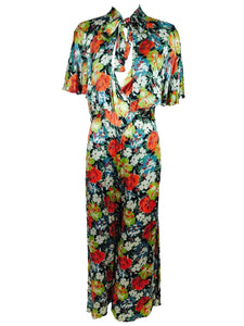 SOLD 1920s Floral Printed Silk Crepe Satin Evening or Beach Pajamas and Cape Vintage
