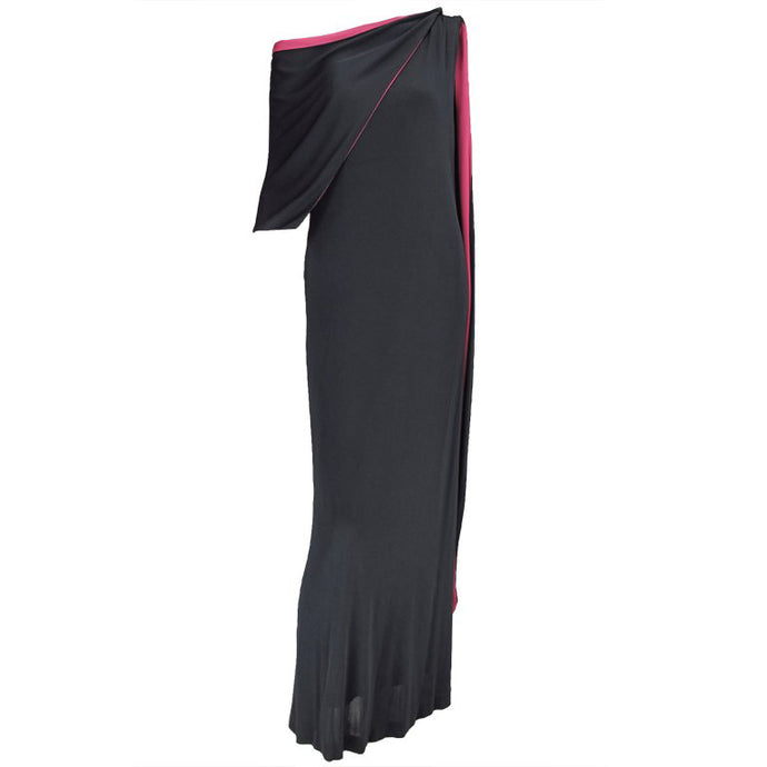 Vintage Adele Simpson Silk Jersey One Shoulder Draped Cape Gown 1960s